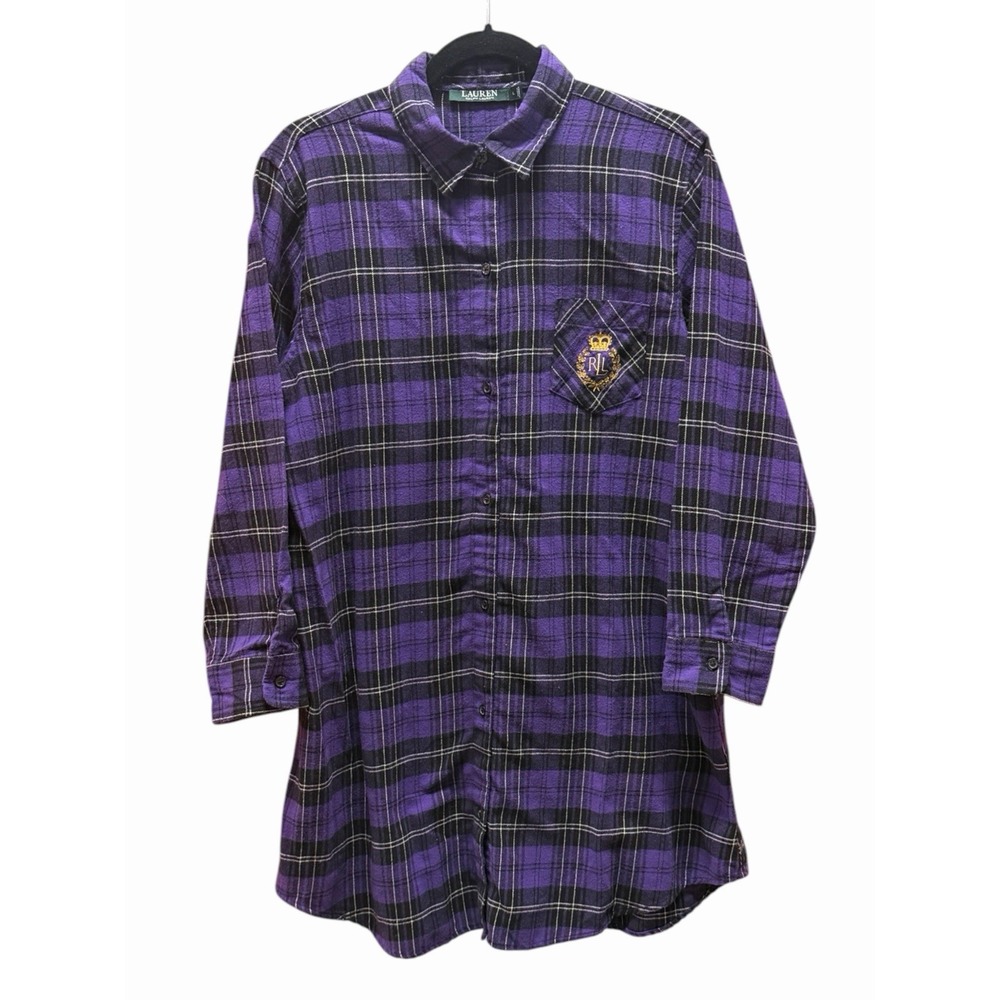 Lauren Ralph Lauren Nightgown Womens Large Plaid Flannel Crest Sleepshirt